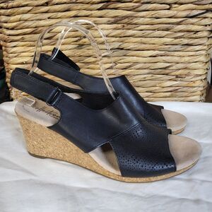 CLARKS Lafley Joy Sandals Womens 9.5 Black Leather Cork Wedge High Heel Comfort